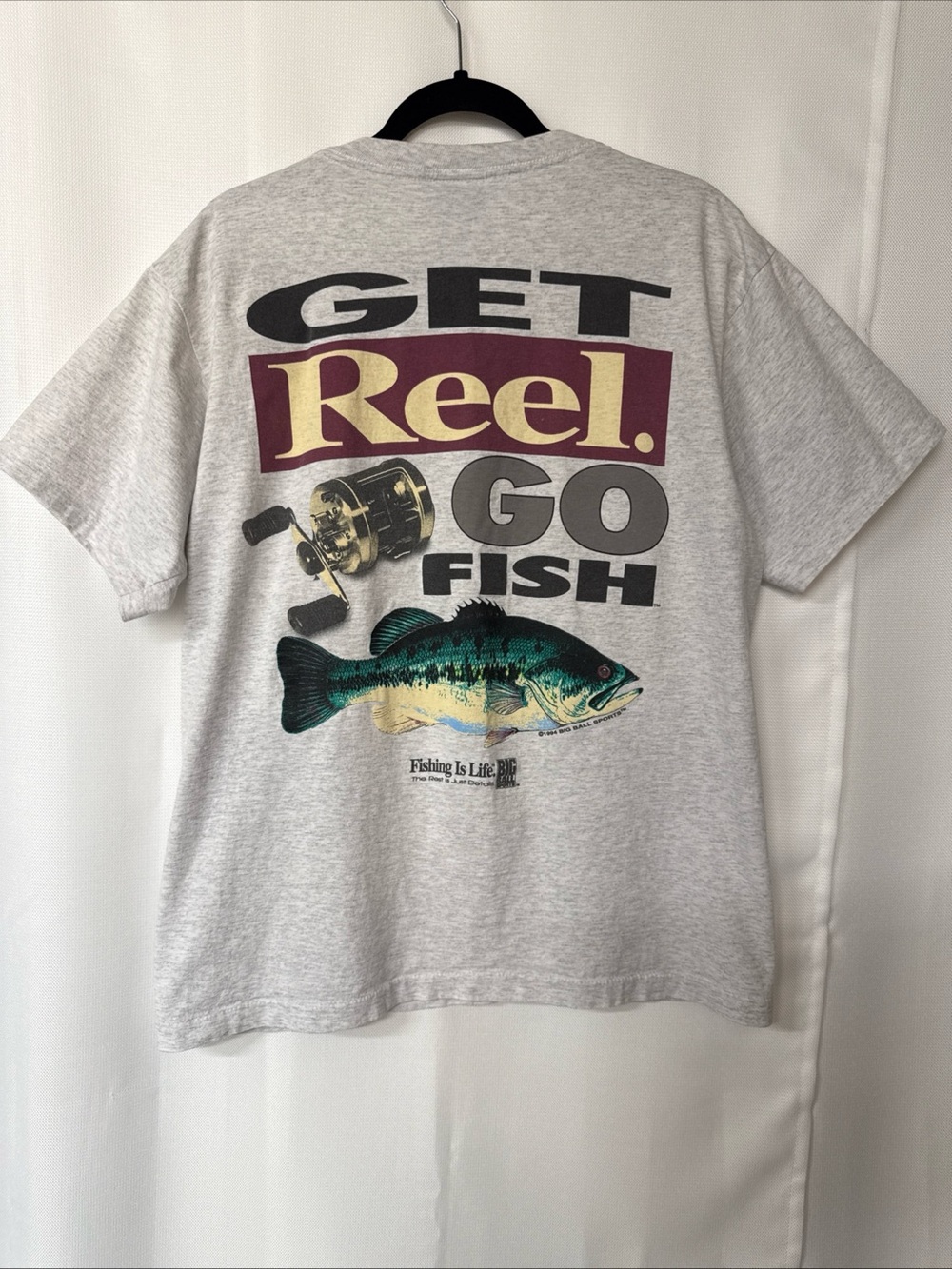 VTG 90s Big BallSports  Fishing T-Shirt Mens L Bass Single Stitch Made USA Grey